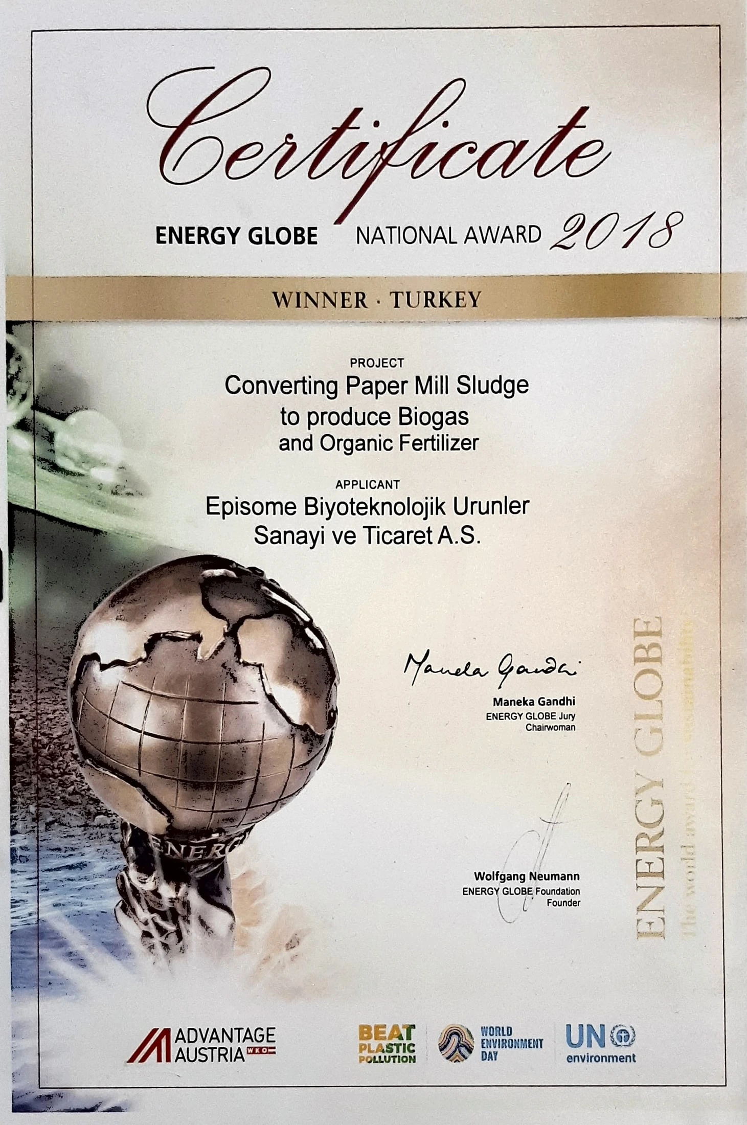 Episome Energy Globe certificate