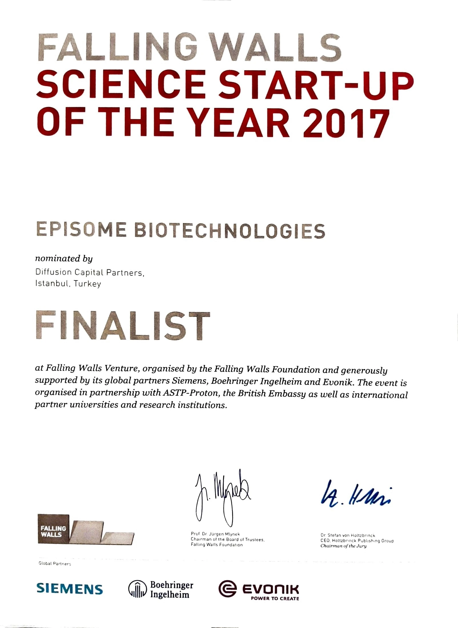 Episome Falling Walls certificate