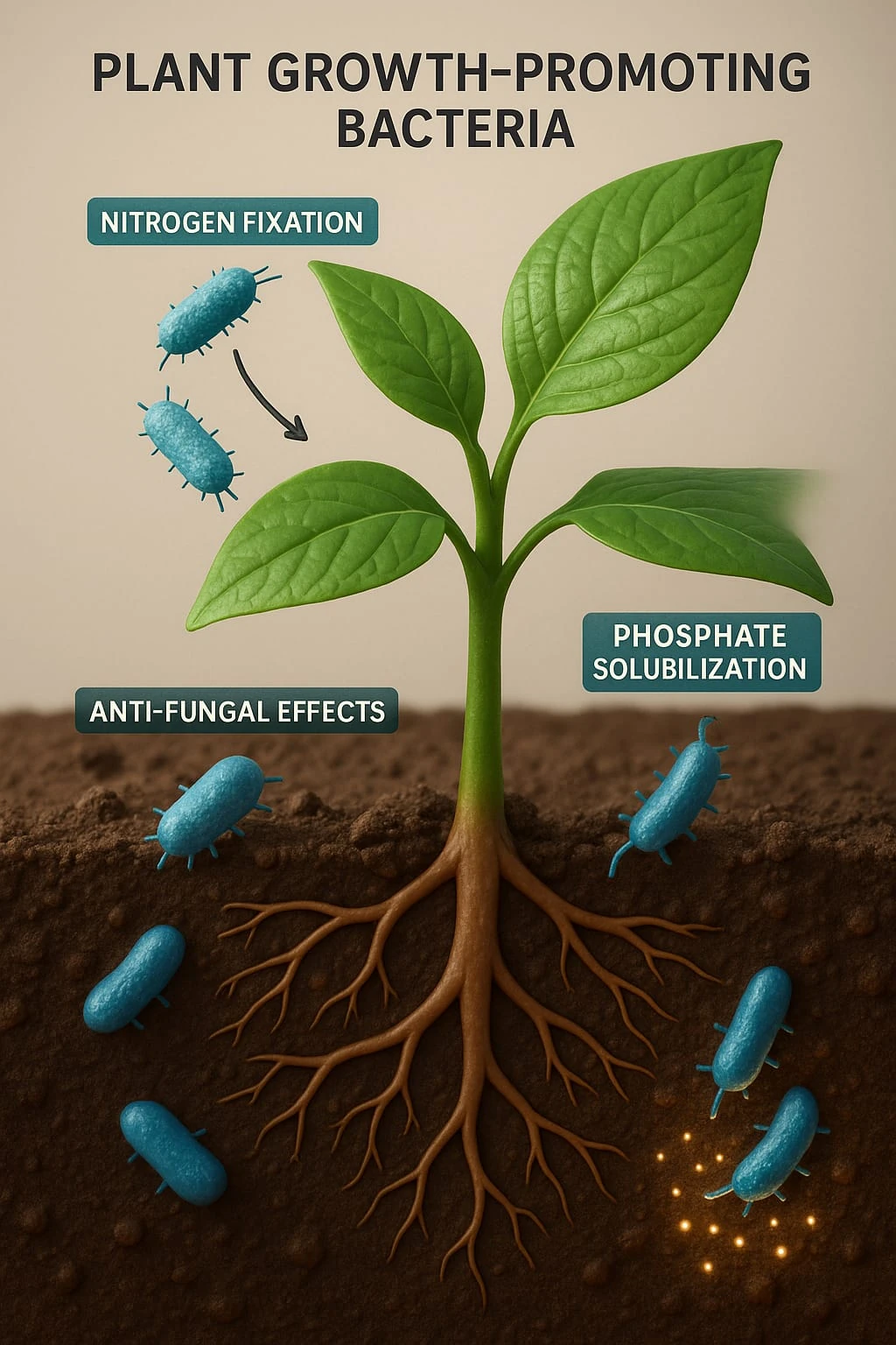 Illustration of nitrogen fixation, phosphate solubilisation and antifungal functions around roots